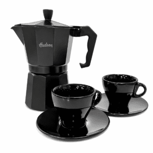 Set Cafetera Italiana + 2 Platos + 2 Pocillos Cerámica Color Total Black