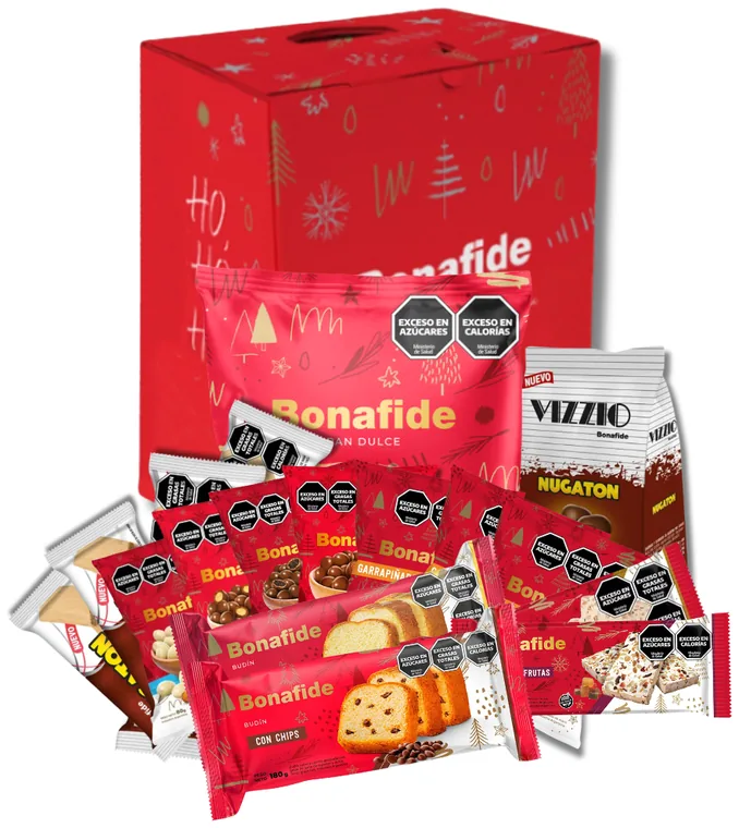 Vizzio 16 — caja navideña mediana con pan dulce, budín, turrones y Vizzio Nugaton